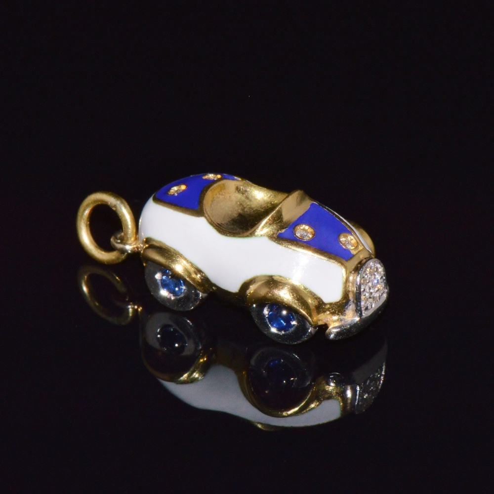 AARON BASHA NATURAL DIAMOND SAPPHIRE & ENAMEL SOLID 18K GOLD LUXURY CAR CHARM